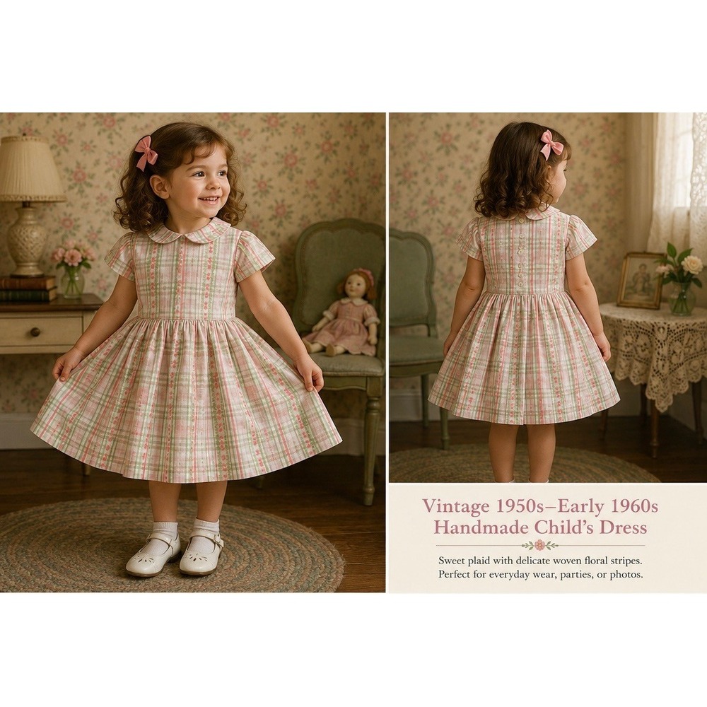 Vintage 1950s Handmade Peter Pan Collar Dress Plaid Floral 4T 5T Pink Green